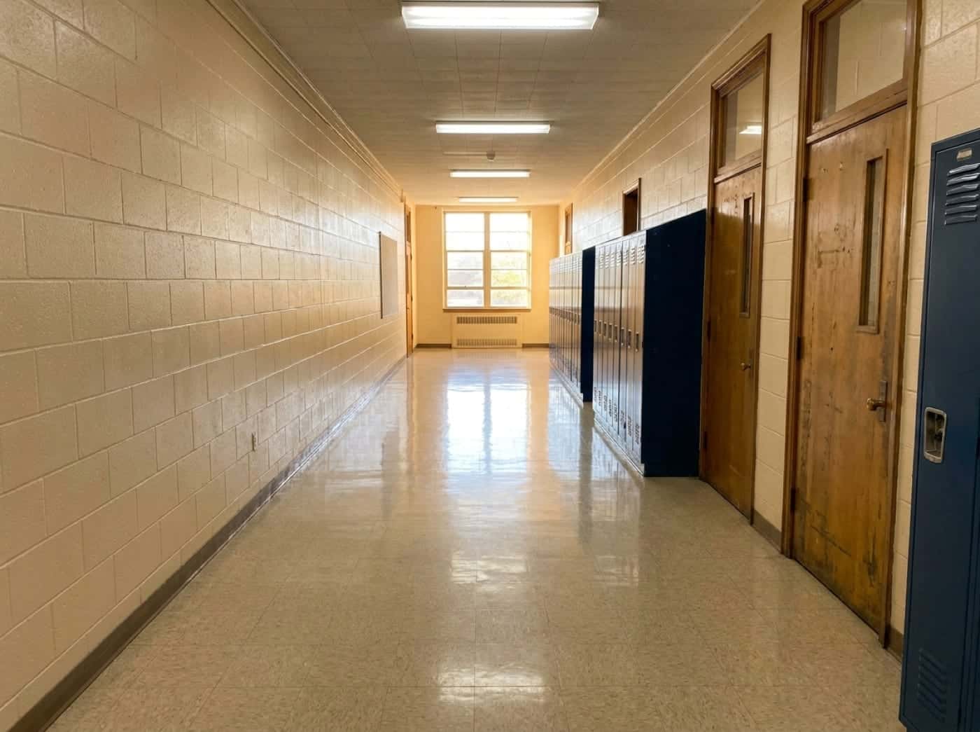 A gleaming, freshly scrubbed tile hallway floor