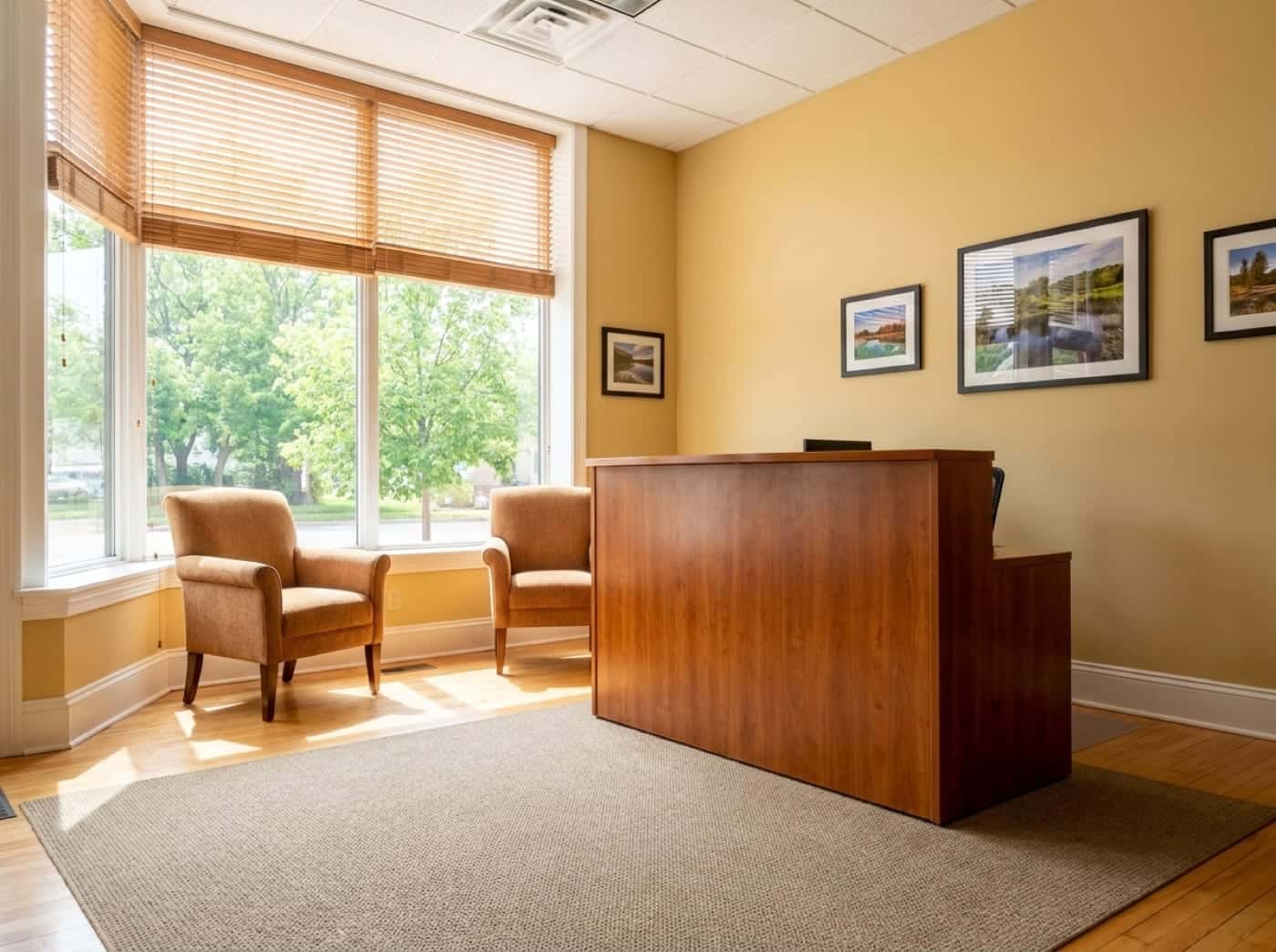 A bright, freshly cleaned small-town office reception area